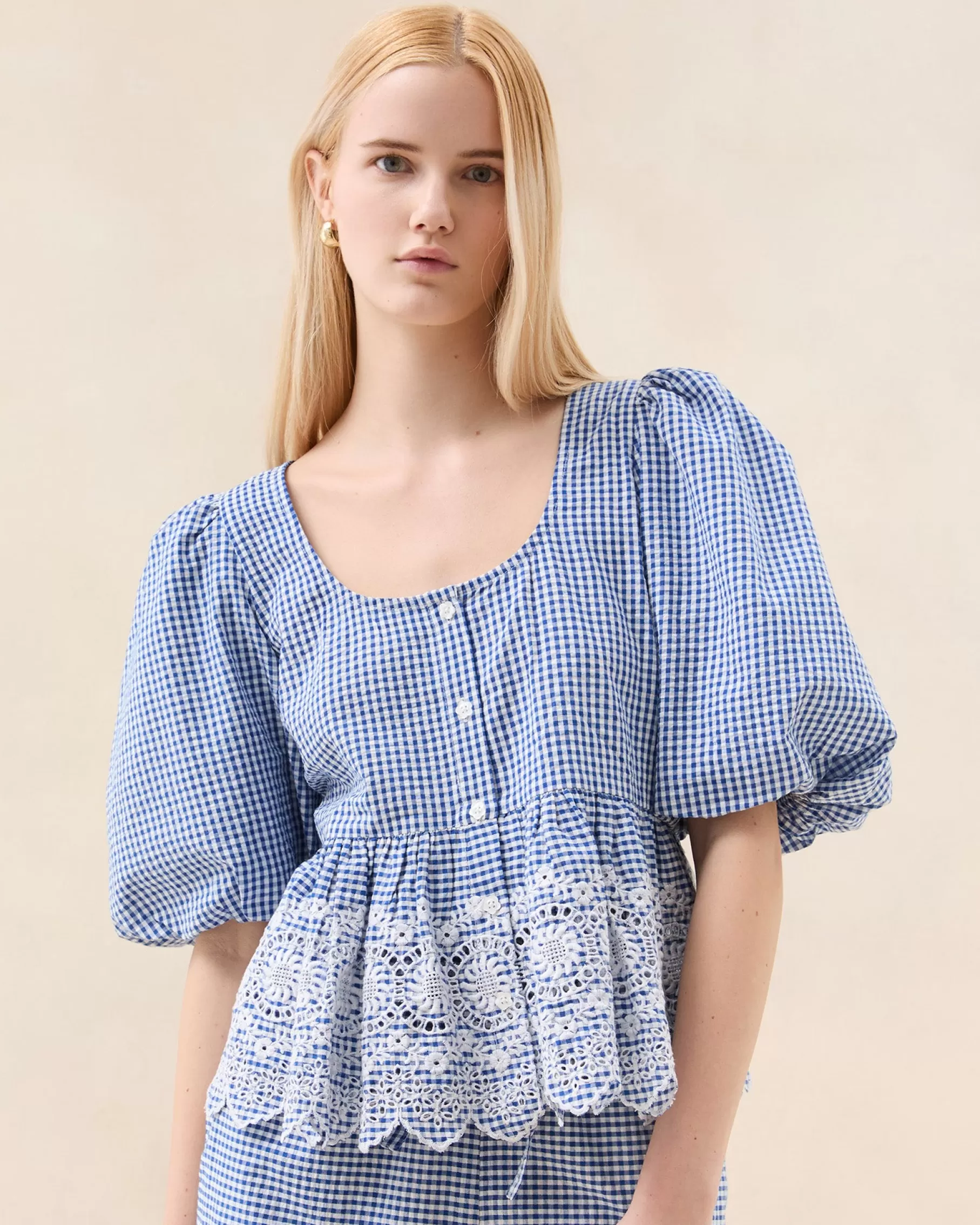 Best Jodie Blue Gingham Embroidered Top Matching Sets | Tops