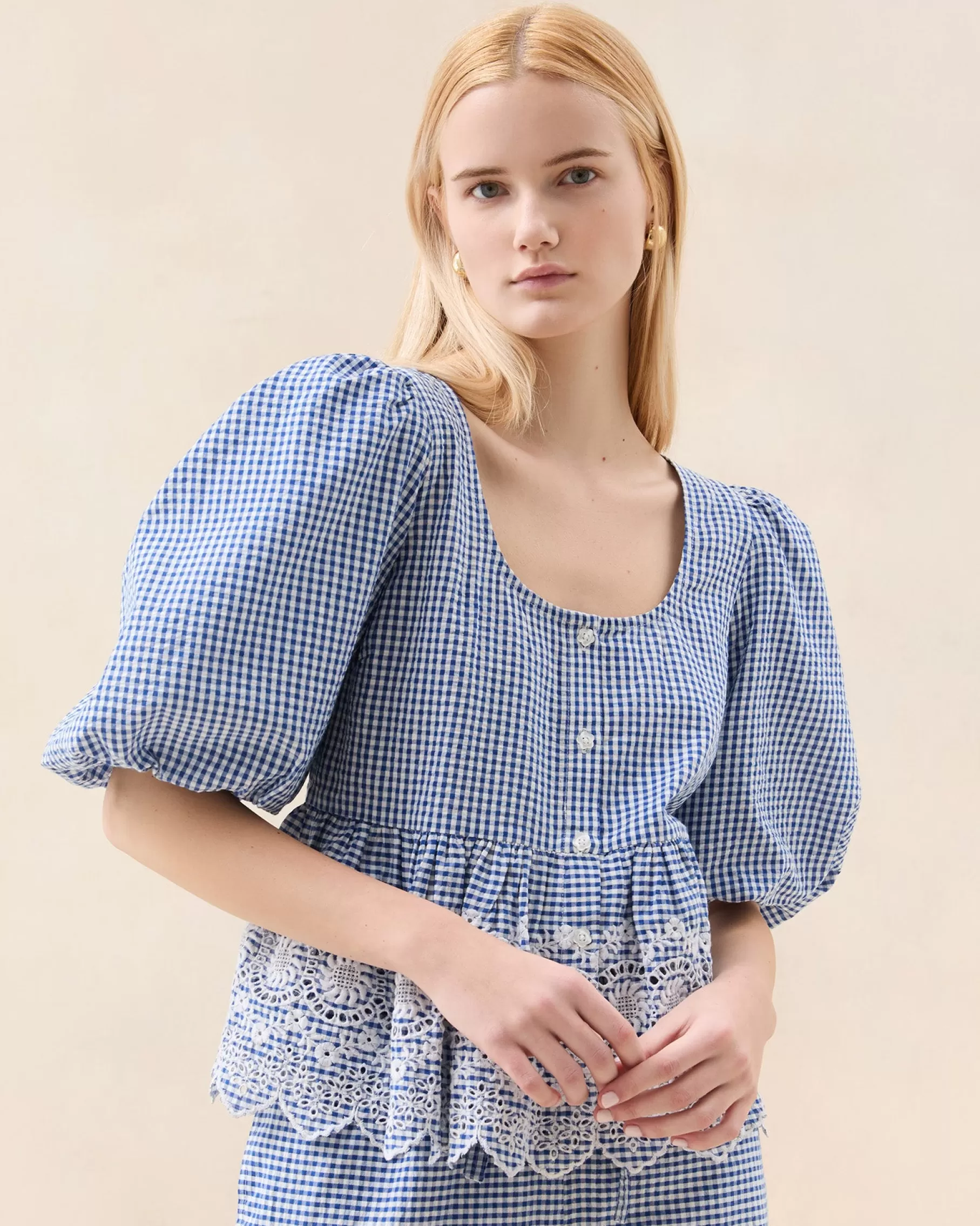 Best Jodie Blue Gingham Embroidered Top Matching Sets | Tops